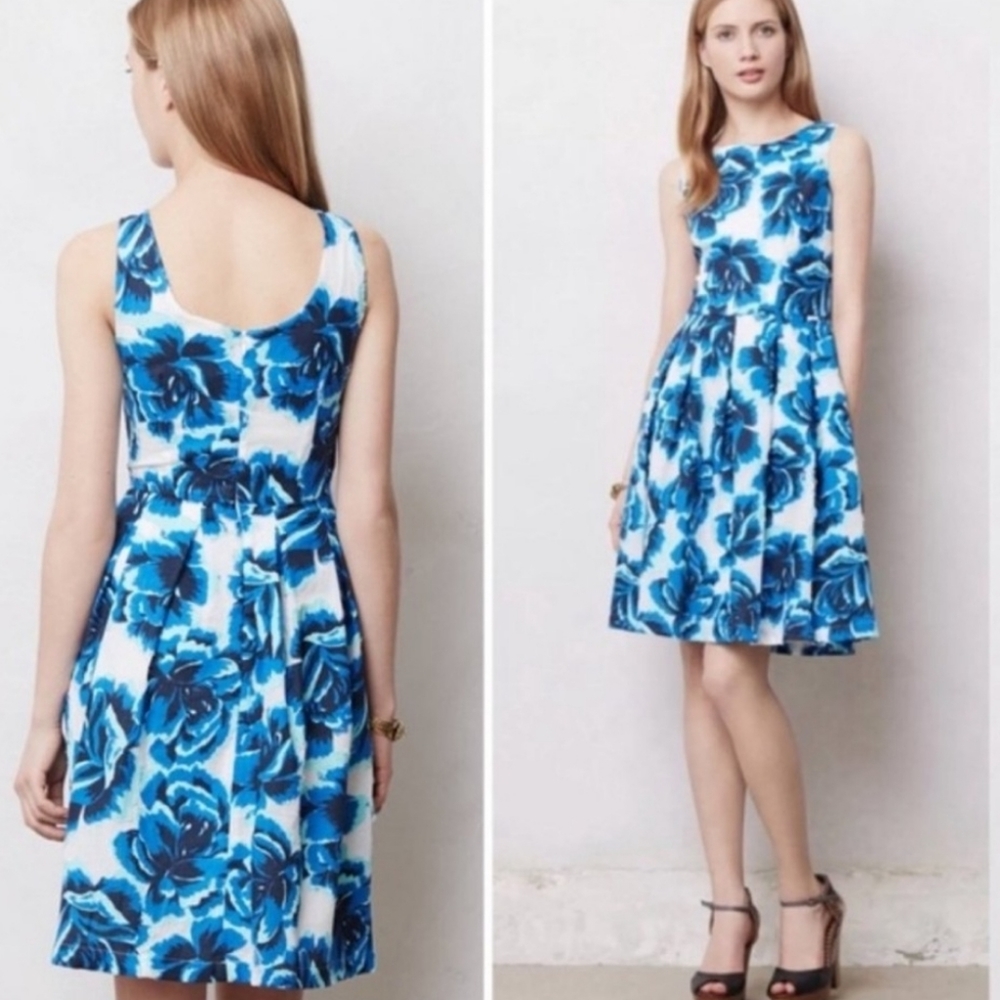 Anthropologie Porridge White Blue Floral Swing Midi Dress Size 0